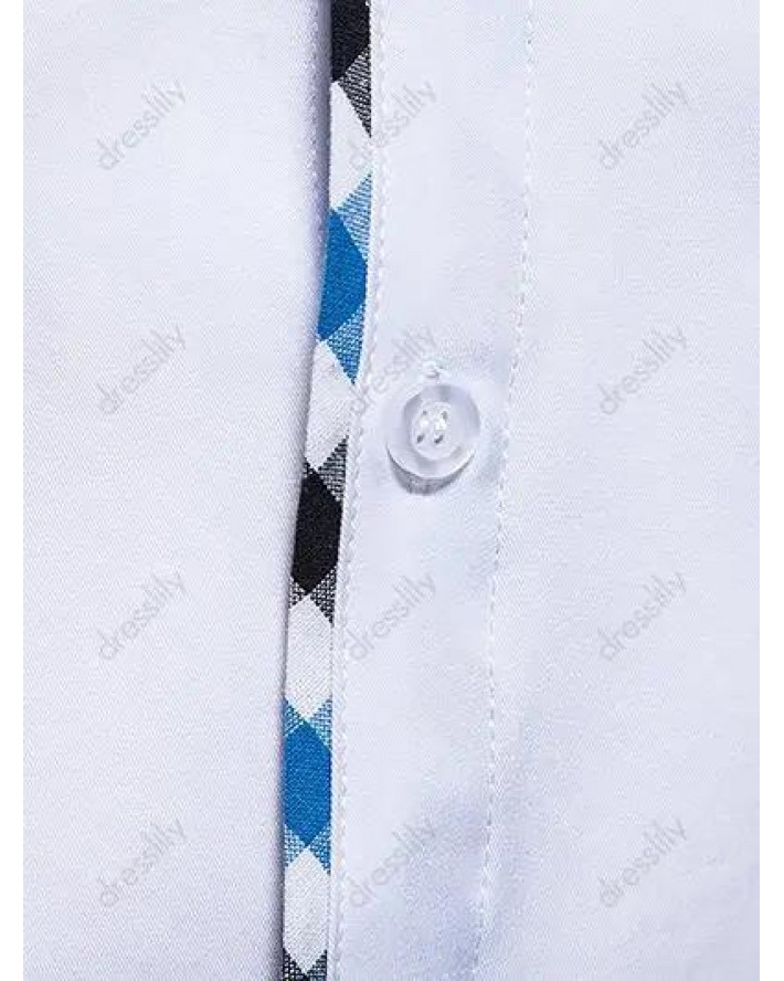 Formal Shirt Plaid Insert Turn Down Collar Mock Pockets Long Sleeves Button-up Shirt