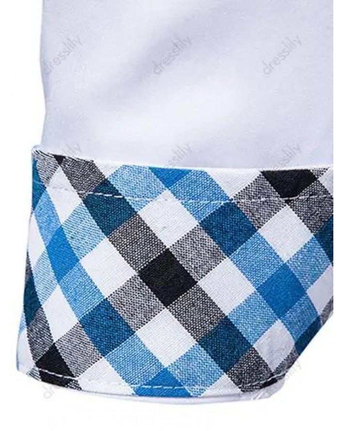 Formal Shirt Plaid Insert Turn Down Collar Mock Pockets Long Sleeves Button-up Shirt