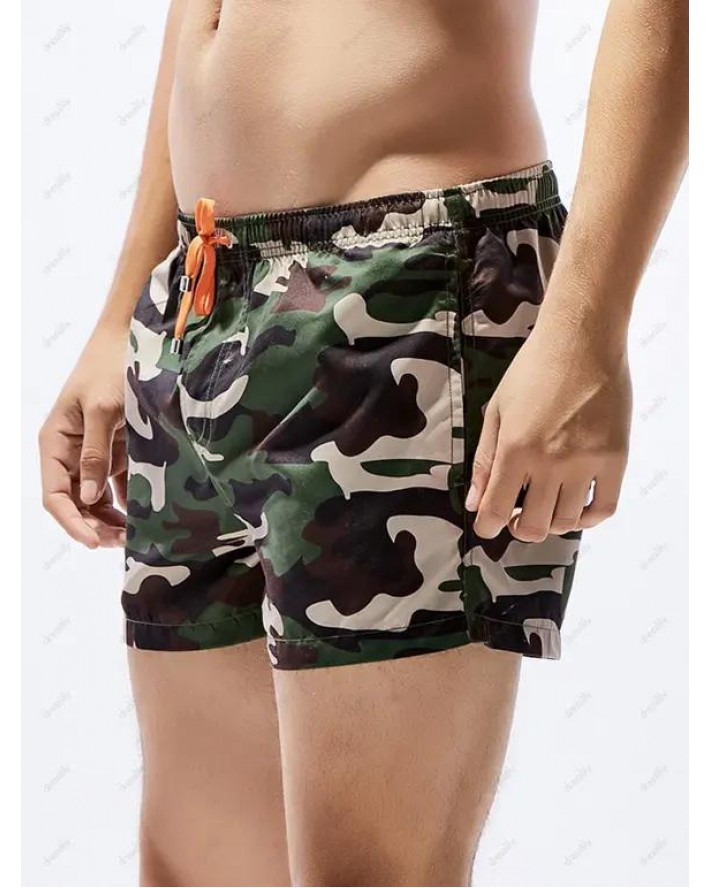 Camo Print Casual Board Shorts Camouflage Pockets Summer Drawstring Beach Shorts