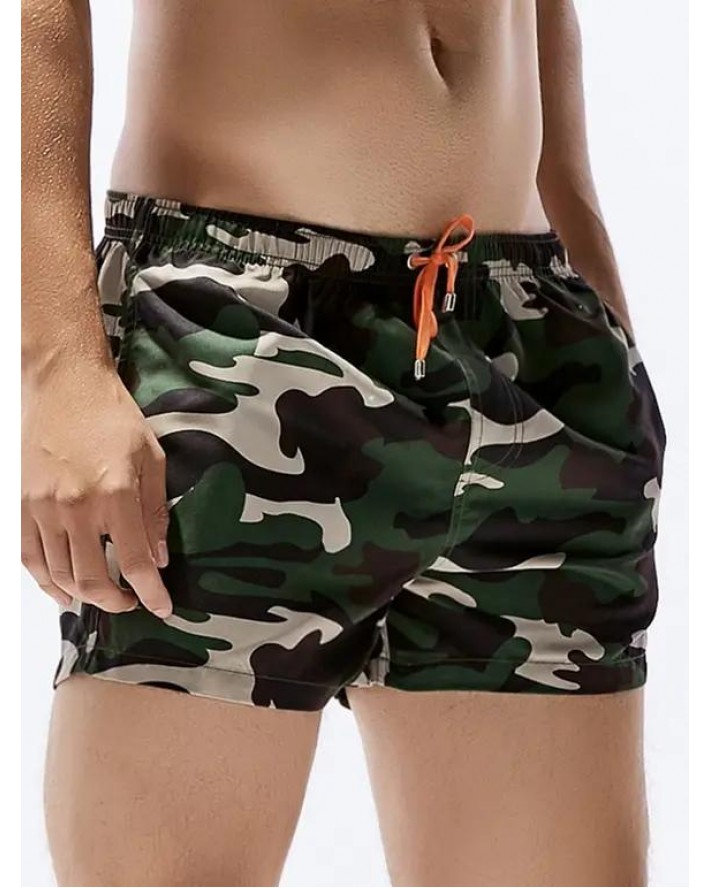 Camo Print Casual Board Shorts Camouflage Pockets Summer Drawstring Beach Shorts