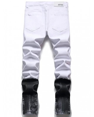 Ripped Flower Embroidery Jeans Distressed Splatter Painting Zipper Hem Destroy Wash Denim Pants