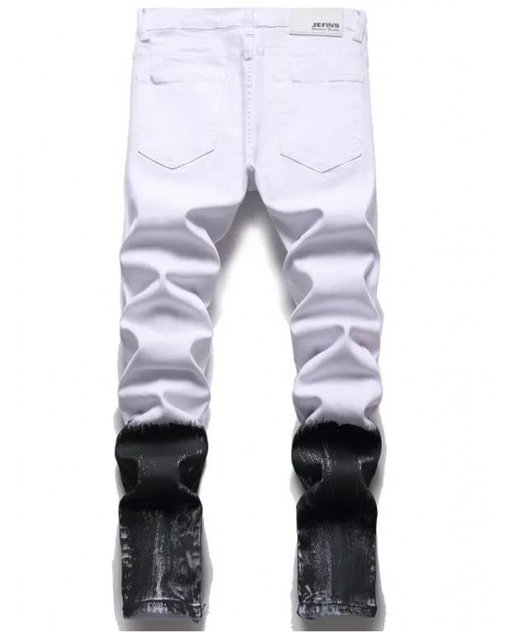 Ripped Flower Embroidery Jeans Distressed Splatter Painting Zipper Hem Destroy Wash Denim Pants