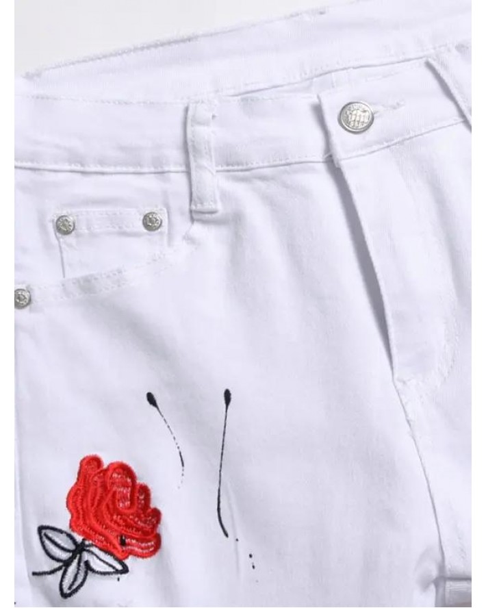 Ripped Flower Embroidery Jeans Distressed Splatter Painting Zipper Hem Destroy Wash Denim Pants