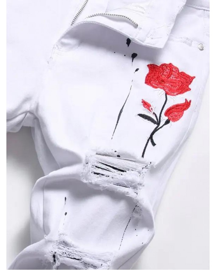 Ripped Flower Embroidery Jeans Distressed Splatter Painting Zipper Hem Destroy Wash Denim Pants