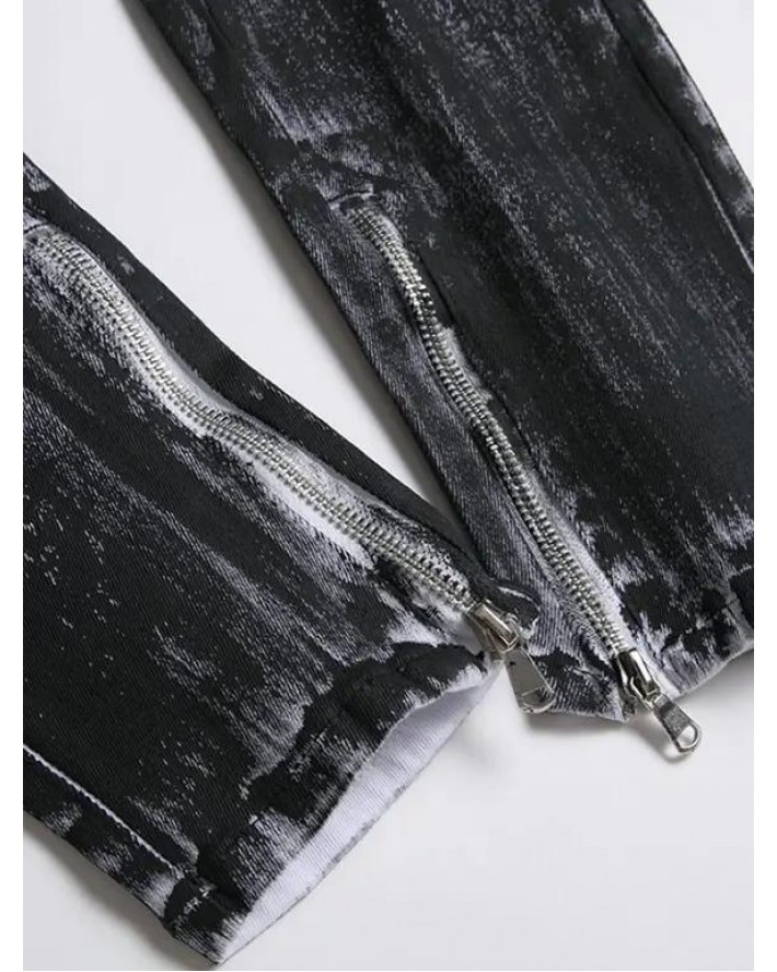 Ripped Flower Embroidery Jeans Distressed Splatter Painting Zipper Hem Destroy Wash Denim Pants