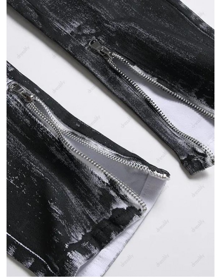 Ripped Flower Embroidery Jeans Distressed Splatter Painting Zipper Hem Destroy Wash Denim Pants