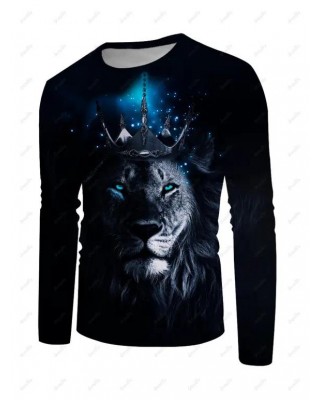 Lion Crown Galaxy Print T-shirt Round Neck Casual Long Sleeve Tee