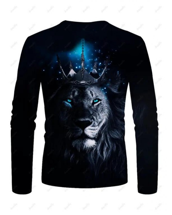 Lion Crown Galaxy Print T-shirt Round Neck Casual Long Sleeve Tee