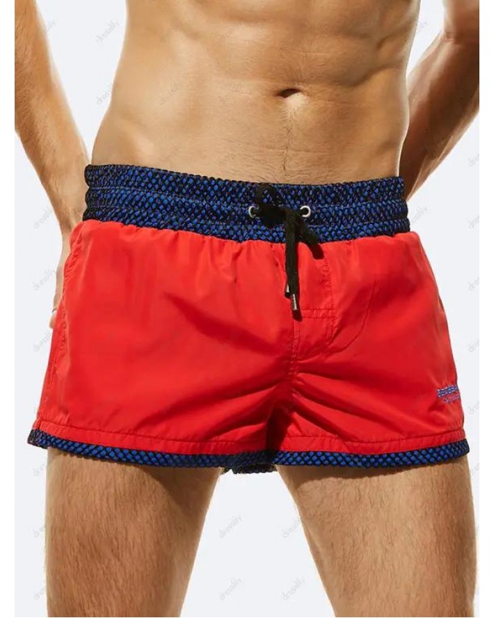 Casual Board Shorts Contrast Colorblock Lace Panel Drawstrings Pockets Summer Ringer Beach Shorts