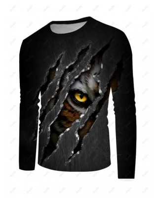 Scratch Hole Eye Print T-shirt Round Neck Casual Long Sleeve Tee