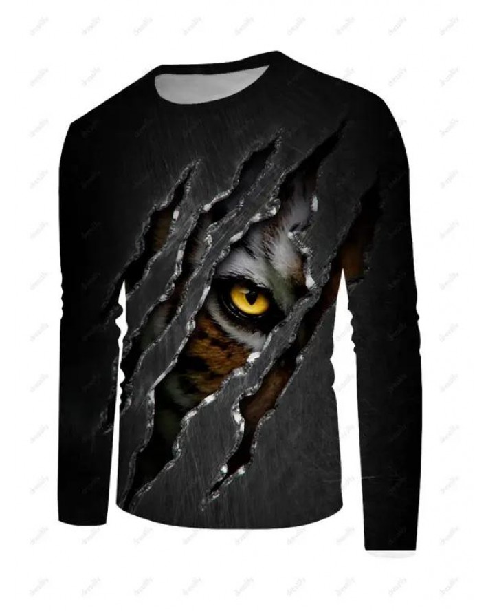 Scratch Hole Eye Print T-shirt Round Neck Casual Long Sleeve Tee