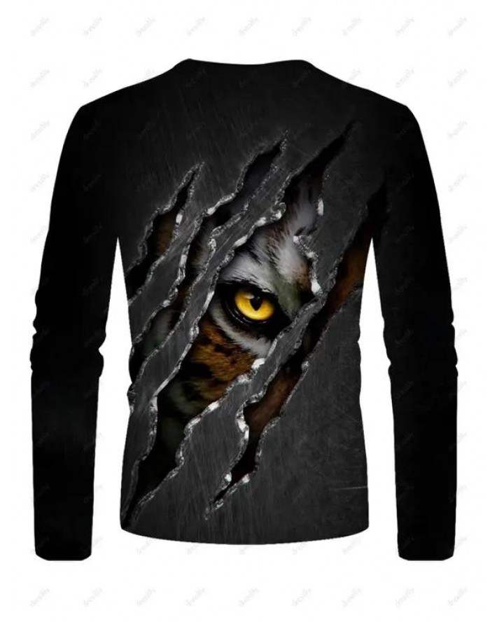 Scratch Hole Eye Print T-shirt Round Neck Casual Long Sleeve Tee