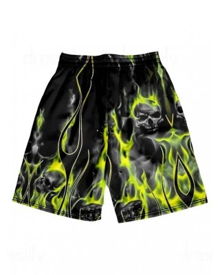 Skull Fire Flame Print Gothic Shorts Elastic Waist Punk Shorts