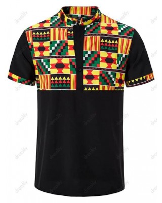 Ethnic Shirt Geometric Print Short Sleeve Half Button Stand Collar Summer Casual Shirt