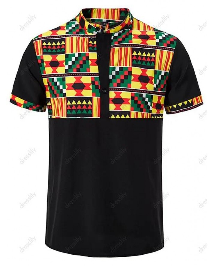 Ethnic Shirt Geometric Print Short Sleeve Half Button Stand Collar Summer Casual Shirt