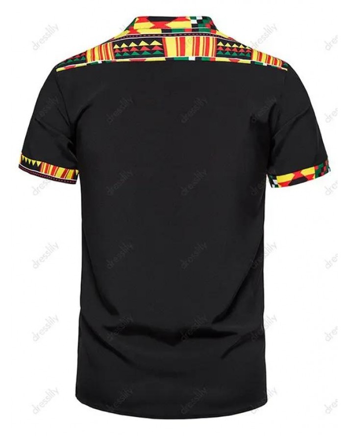 Ethnic Shirt Geometric Print Short Sleeve Half Button Stand Collar Summer Casual Shirt