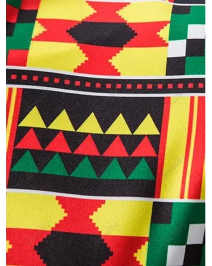 Ethnic Shirt Geometric Print Short Sleeve Half Button Stand Collar Summer Casual Shirt