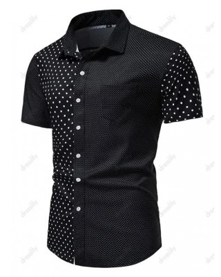 Casual Shirt Polka Dot Print Front Pocket Turn Down Collar Short Sleeve Summer Button Up Shirt