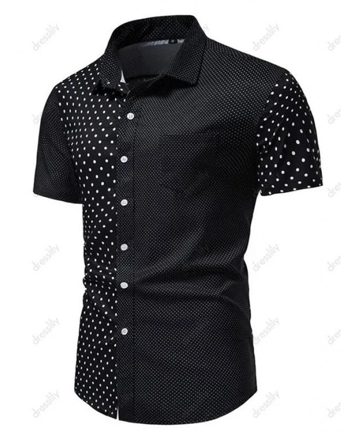 Casual Shirt Polka Dot Print Front Pocket Turn Down Collar Short Sleeve Summer Button Up Shirt