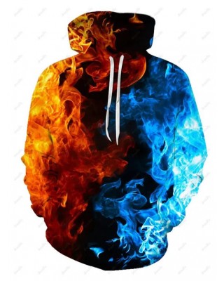 Fire Ice Print Hoodie Pocket Drawstring Long Sleeve Sweatshirt With Hood