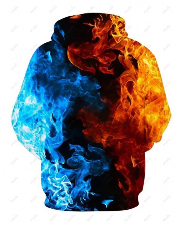 Fire Ice Print Hoodie Pocket Drawstring Long Sleeve Sweatshirt With Hood
