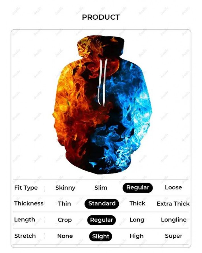 Fire Ice Print Hoodie Pocket Drawstring Long Sleeve Sweatshirt With Hood