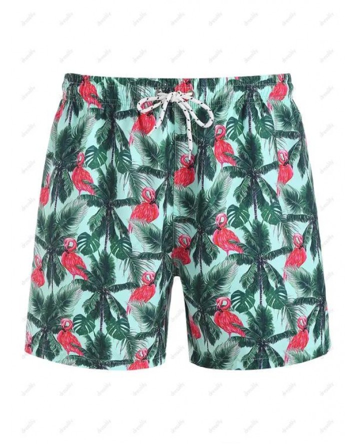 Coconut Tree Flamingo Print Board Shorts