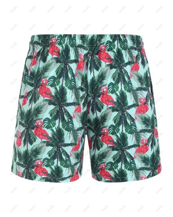 Coconut Tree Flamingo Print Board Shorts