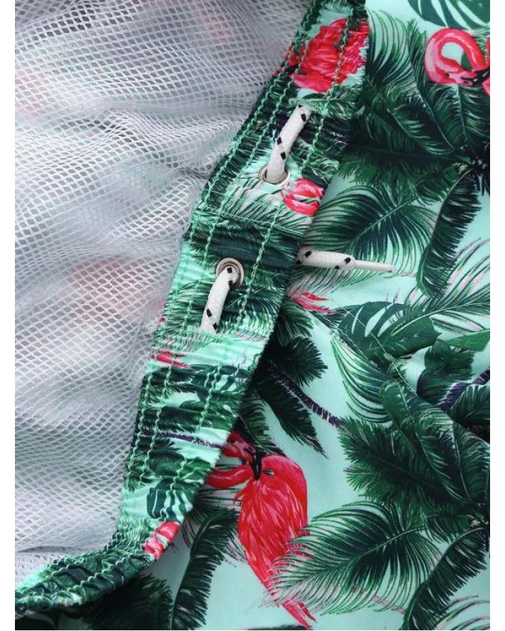 Coconut Tree Flamingo Print Board Shorts