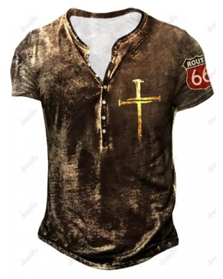 Vintage Half Button T Shirt Cross Badge Graphic Short Sleeve Summer Tee