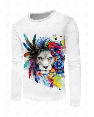 Colored Flower Feather Lion Print T Shirt Round Neck Long Sleeve Casual Tee