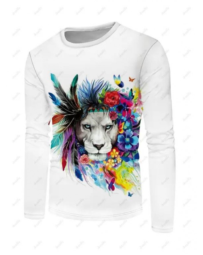 Colored Flower Feather Lion Print T Shirt Round Neck Long Sleeve Casual Tee