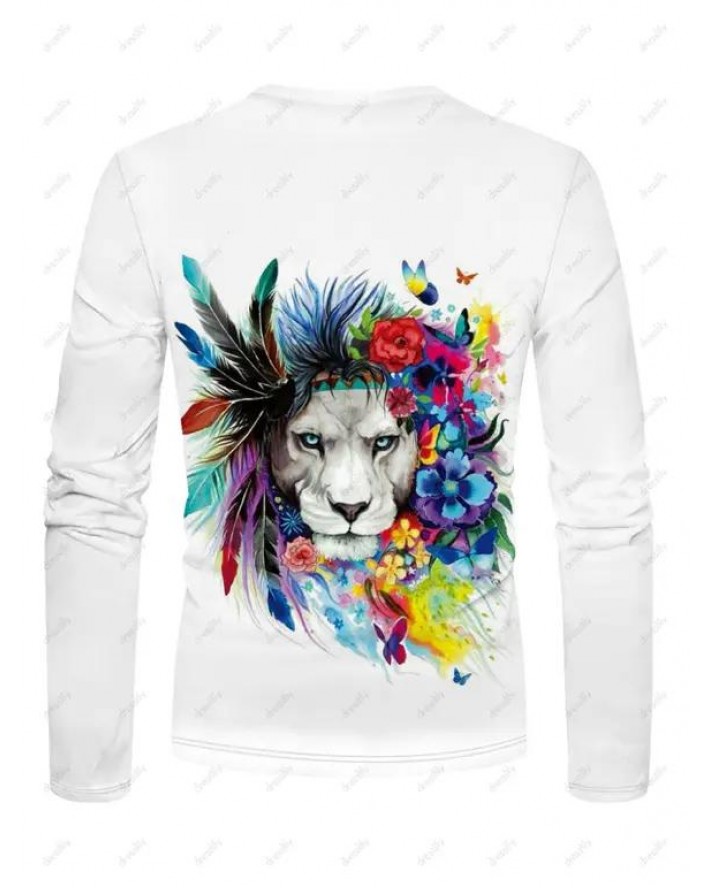 Colored Flower Feather Lion Print T Shirt Round Neck Long Sleeve Casual Tee
