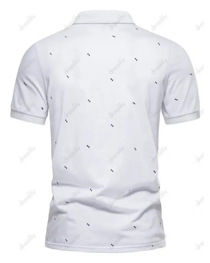 Geometric Print T Shirt Turn Down Collar Half Button Short Sleeve Summer Casual Tee