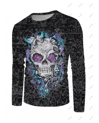 Skull Butterfly Flower Print T-shirt Round Neck Long Sleeve Casual Tee
