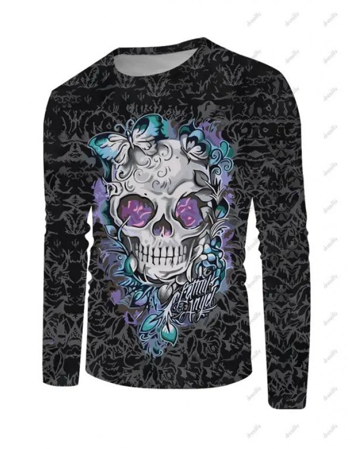 Skull Butterfly Flower Print T-shirt Round Neck Long Sleeve Casual Tee