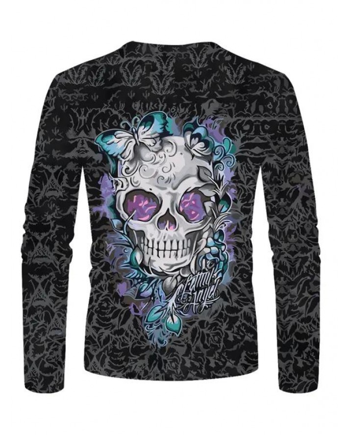 Skull Butterfly Flower Print T-shirt Round Neck Long Sleeve Casual Tee