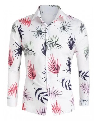 Vacation Shirt Leaf Print Shirt Long Sleeve Turn Down Collar Casual Button-up Shirt