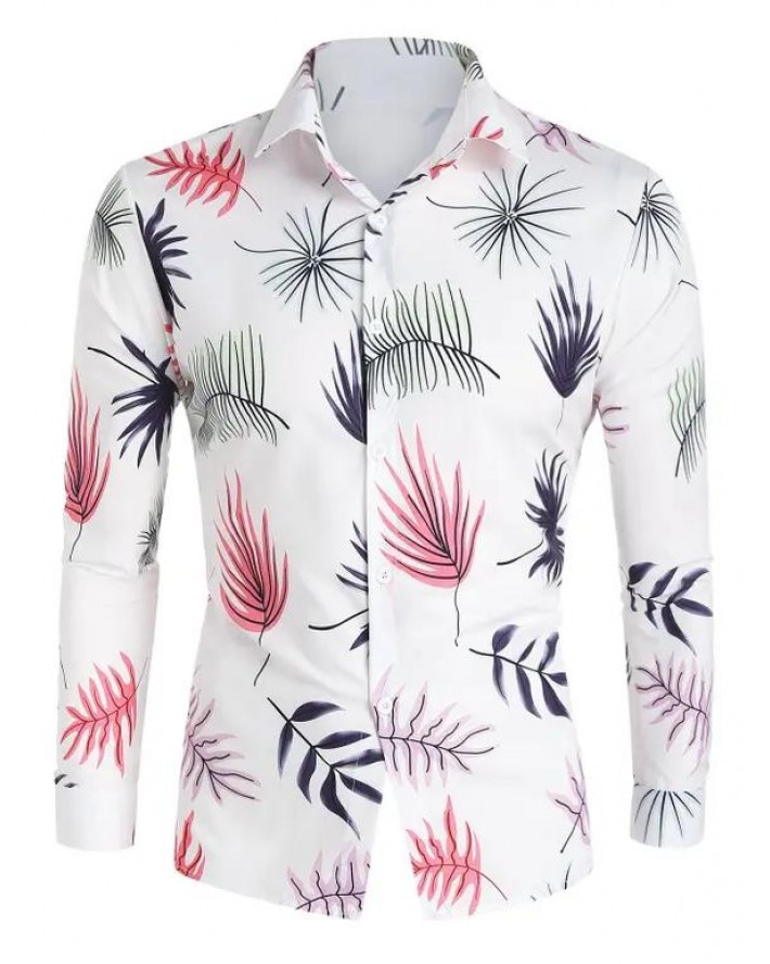 Vacation Shirt Leaf Print Shirt Long Sleeve Turn Down Collar Casual Button-up Shirt