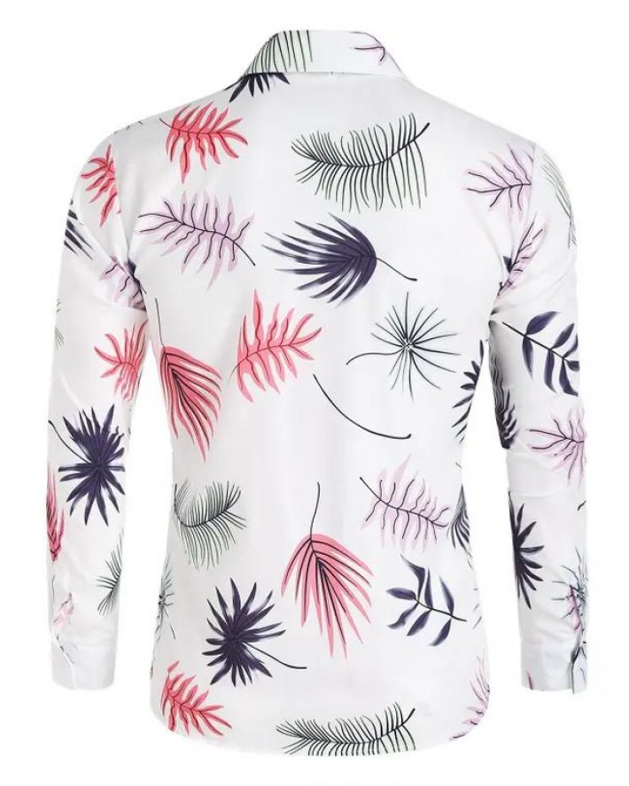 Vacation Shirt Leaf Print Shirt Long Sleeve Turn Down Collar Casual Button-up Shirt