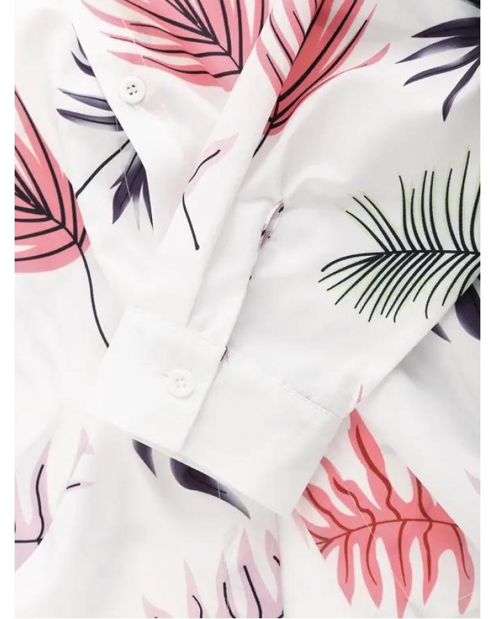 Vacation Shirt Leaf Print Shirt Long Sleeve Turn Down Collar Casual Button-up Shirt