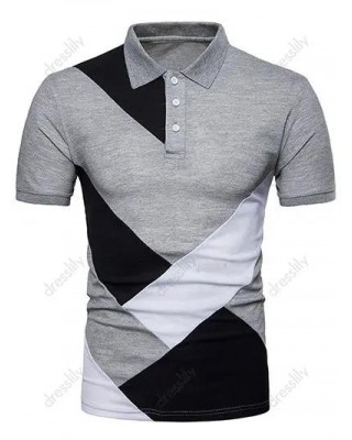 Casual T Shirt Contrast Colorblock Half Button Turn Down Collar Short Sleeve Summer Tee