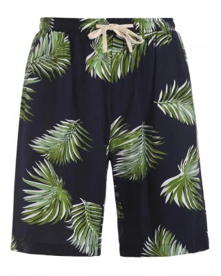 Drawstring Leaves Print Pockets Shorts