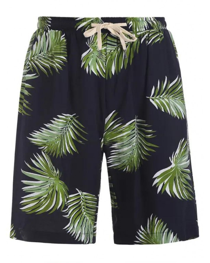 Drawstring Leaves Print Pockets Shorts