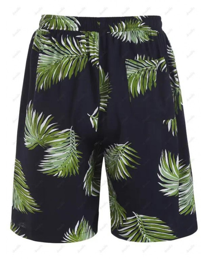 Drawstring Leaves Print Pockets Shorts