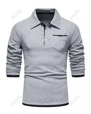 Casual T Shirt Colorblock Long Sleeve Front Pockets Half Button Turn Down Collar Tee