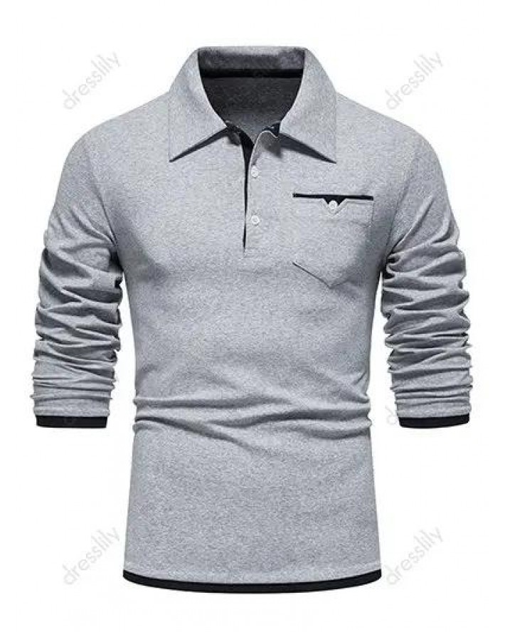 Casual T Shirt Colorblock Long Sleeve Front Pockets Half Button Turn Down Collar Tee