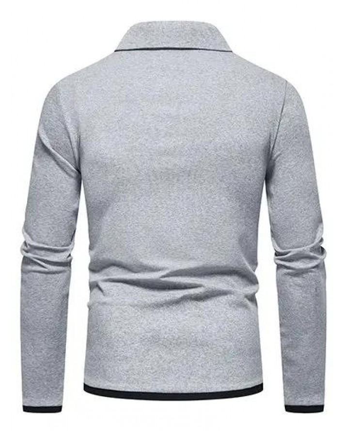 Casual T Shirt Colorblock Long Sleeve Front Pockets Half Button Turn Down Collar Tee