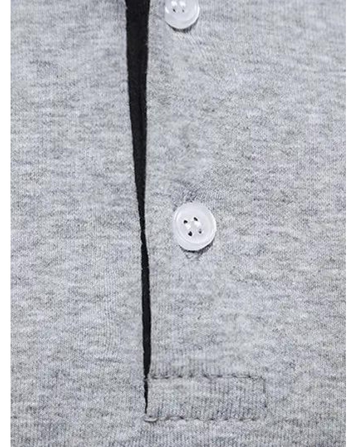 Casual T Shirt Colorblock Long Sleeve Front Pockets Half Button Turn Down Collar Tee