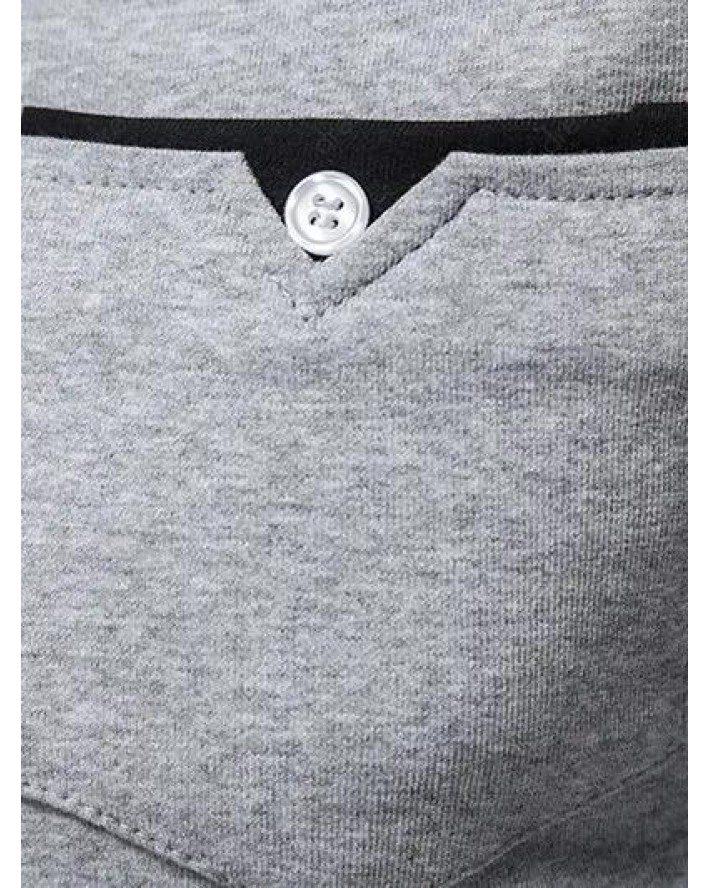 Casual T Shirt Colorblock Long Sleeve Front Pockets Half Button Turn Down Collar Tee